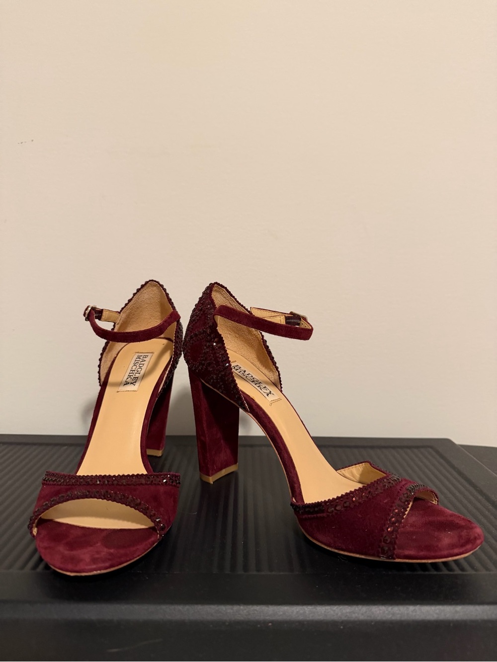 Badgley Mischka Wine Suede Ankle-Strap Block Heels